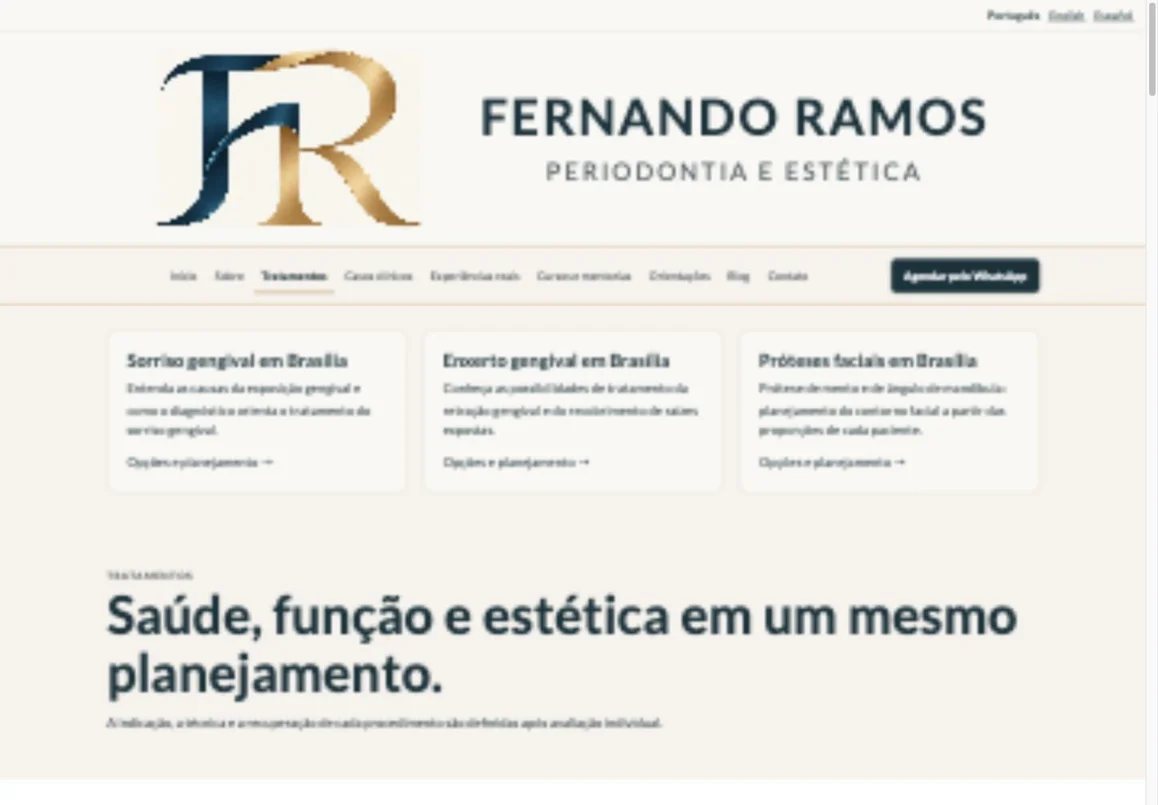 Página real de sorriso gengival: identidade visual, navegação e conteúdo clínico